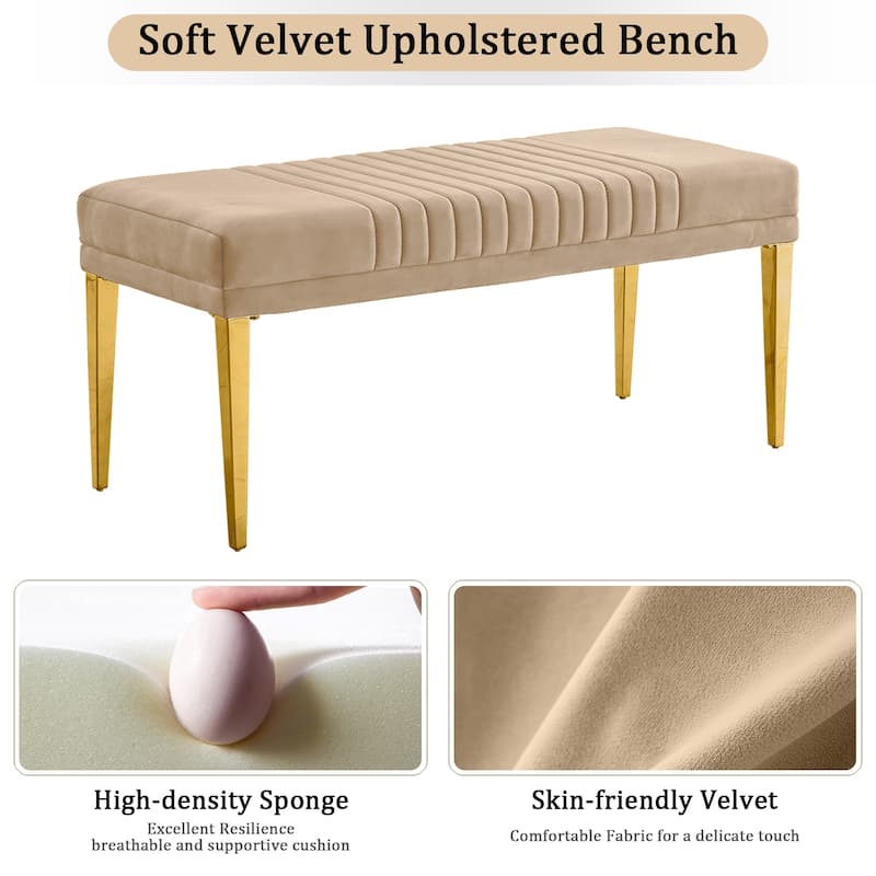 Modern Luxury Upholstered Bench Dining Room Channel Ottoman with Gold Stainless Steel Legs