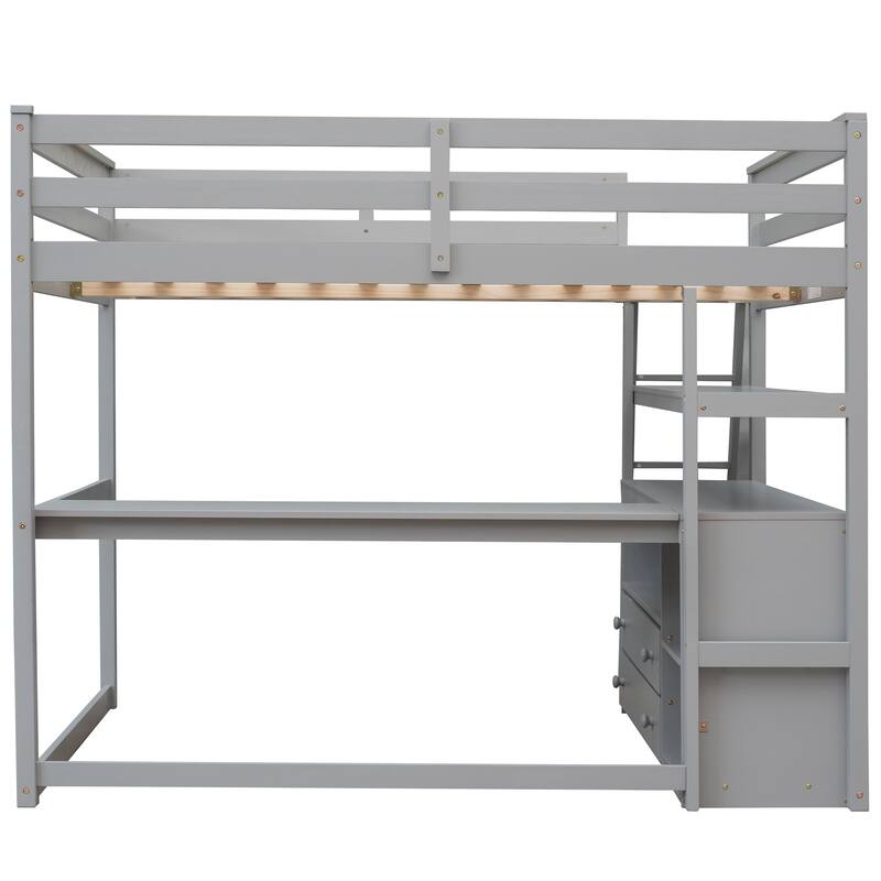 Full Size Loft Bed with Built-in Desk, Shelves & Drawers in Gray