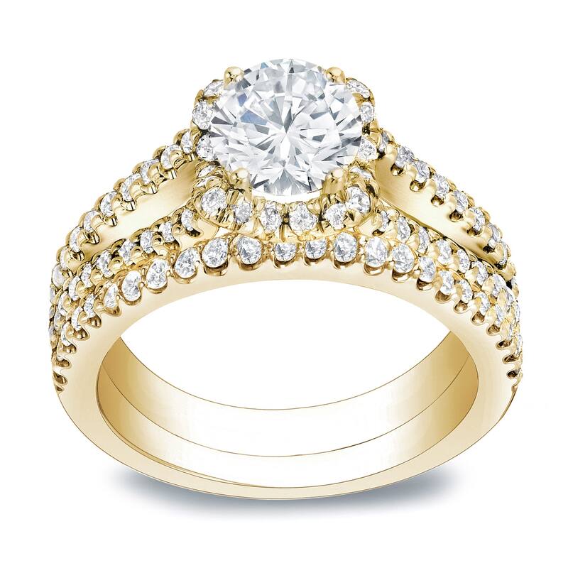 Auriya 1 1/2ctw Round Halo Diamond Engagement Ring Set 14k Gold Certified - Yellow - 6
