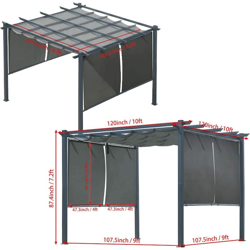 Aoodor 10 x 10 FT Outdoor Pergola with Retractable Shade Canopy, 4 Pieces Roller Shade Curtain