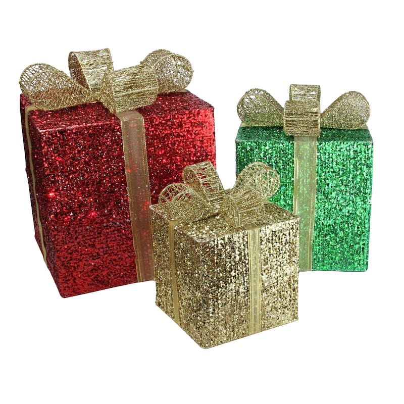 Set of 3 Red Pre-Lit Glittering Gift Boxes Christmas Outdoor Decor 15"