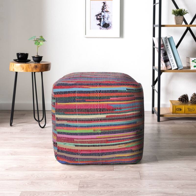 Red and Black Cotton Cube Ottoman Footrest Pouf Seat 18 Inch Striped