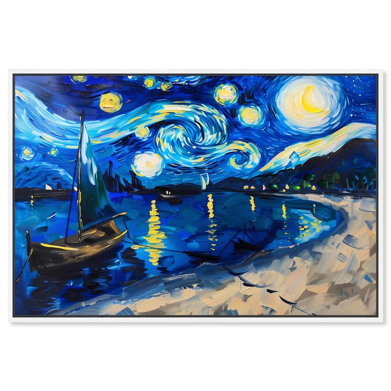 Art Remedy Whimsical Night Sail Framed Impressionism 1 Piece Canvas Wall Art /Monet And Van Gogh Inspired Art - 16 x 11 - White