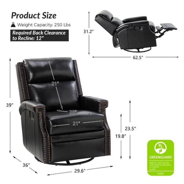 dimension image slide 7 of 13, Echidna 29.6" Transitional Genuine Leather Swivel Rocker Nursery Chair with Nailhead Trim by HULALA HOME