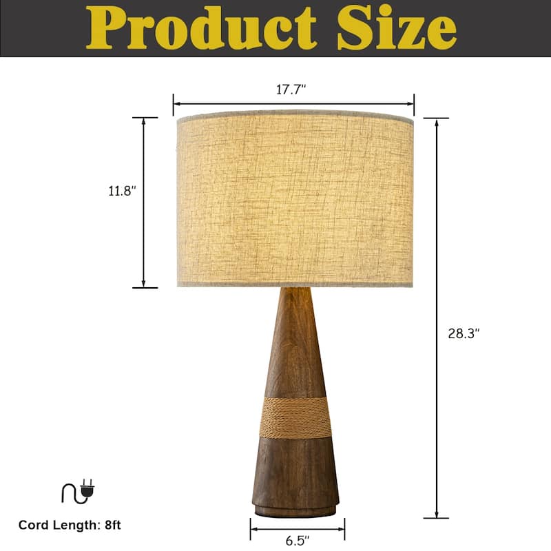 28'' Farmhouse Honey Brown Wood Bedside Table Lamp Classic Dome Beige Fabric Shape Nightstand Lamp for Bedroom, Living Room