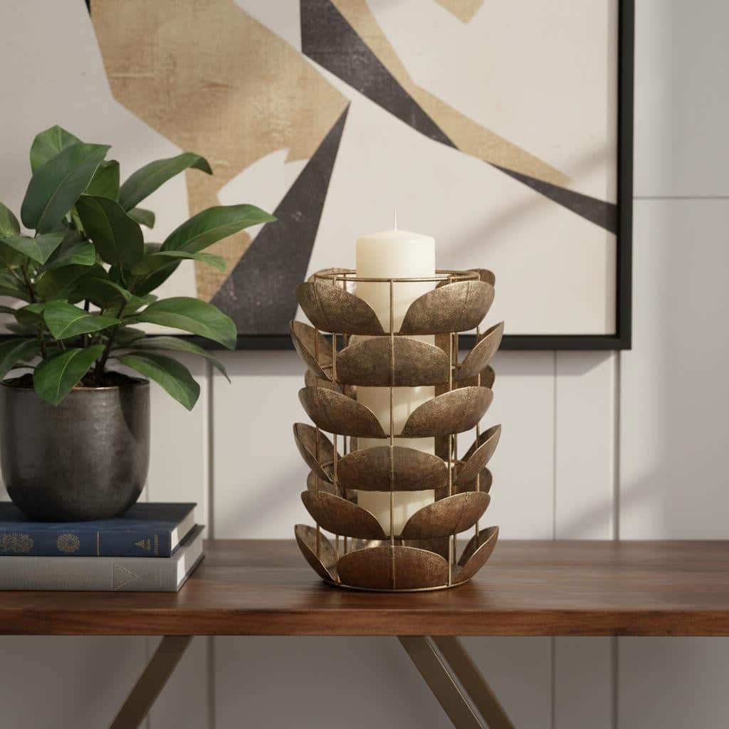 10" Bronze Distressed Botanical Leaf Metal Tabletop Hurricane Candle Holder