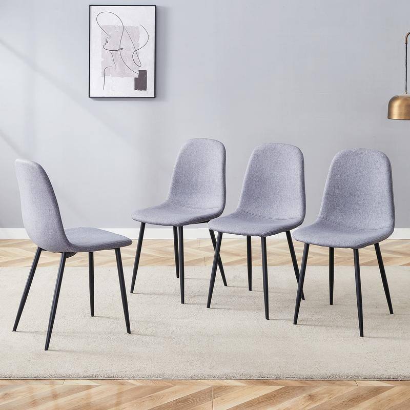 Set of 4 Modern Dining Chairs - Breathable Linen-Cotton Upholstery & Sturdy Integrated Metal Legs - Light Gray+Black
