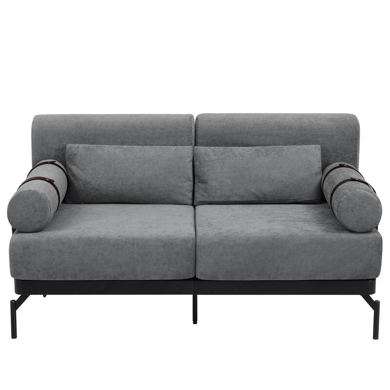 Chenille Loveseat Sofa, 59" 2 Seater Sofa with USB Ports, Round Arms, Adjustable Faux Leather Straps for Living Room