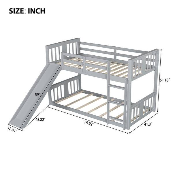 dimension image slide 0 of 2, Twin Over Twin Bunk Bed Floor Bunk Bed with Slide and Ladder