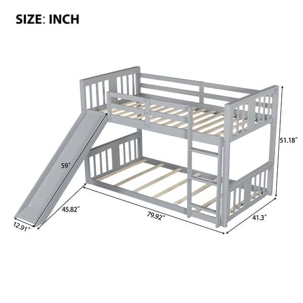 dimension image slide 1 of 2, Twin Over Twin Low Bunk Bed with Slide and Ladder, Solid Wood Floor Bunk Bed Frame with Safety Guardrail, Detachable into 2 Beds