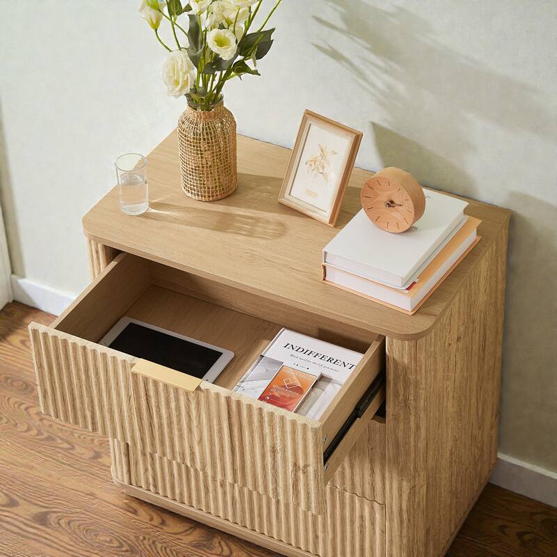 Modern 3 Drawer Dresser with Curved Wavy Panels, 27.56 Inch Wide Chest of Drawers Nightstand for Bedroom