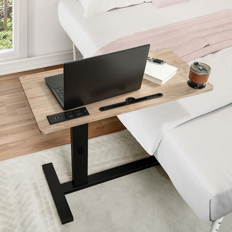 Height-Adjustable Overbed Table with Hidden Casters, Portable Bedside Desk with Tray, Pen Holder, USB & C-Type Ports - Natural,Black