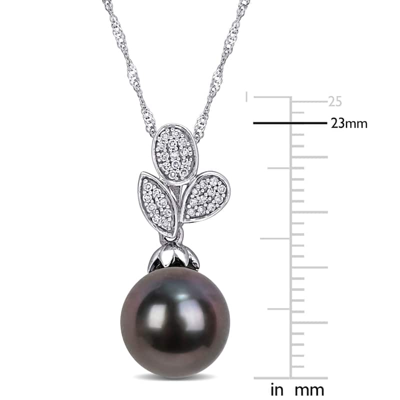 Miadora 9-9.5mm Black Tahitian Cultured Pearl and 1/10 ct TW Diamond Leaf Drop 10k White Gold