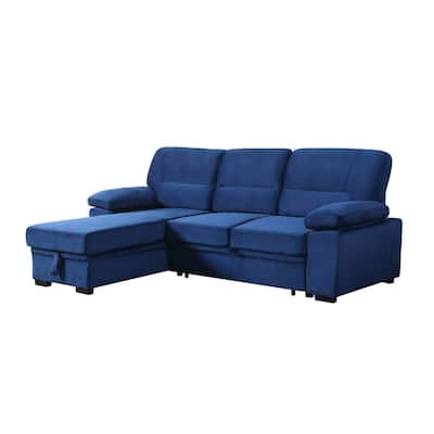 Exie 98 Inch 2 Piece Sectional Sofa, Pull Out Bed, Storage, Blue Velvet