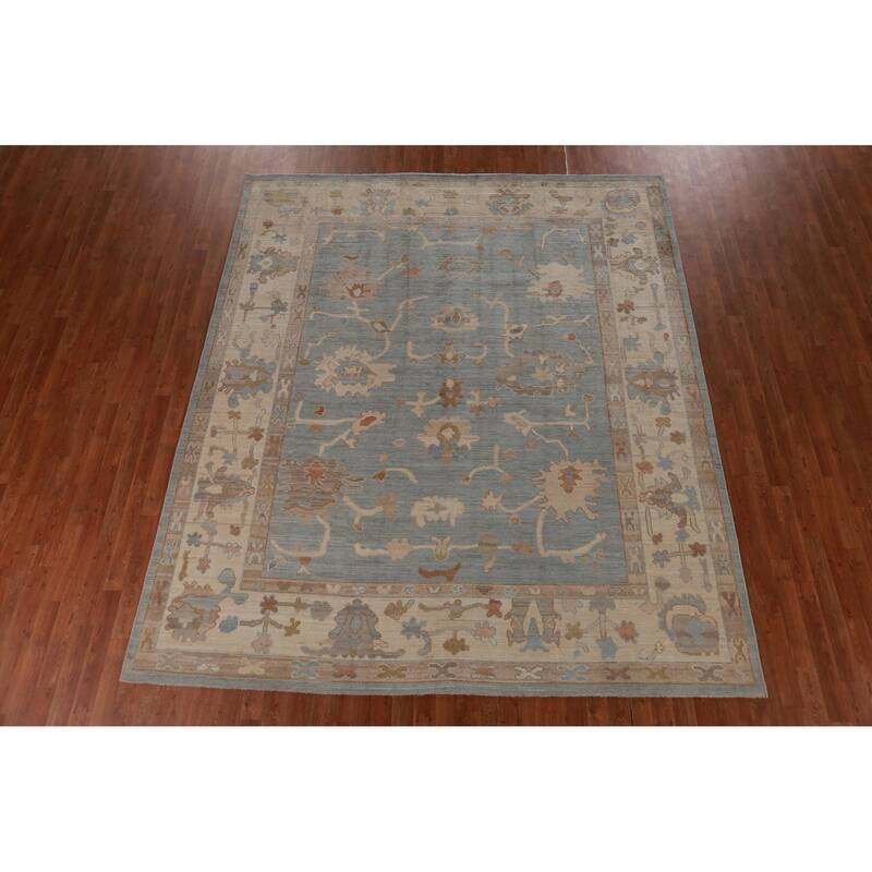 Hand Knotted Oriental 100% Wool Carpet Transitional All-Over Navy Blue & Blues Oushak Area Rug - 9' 11'' X 8' 4''