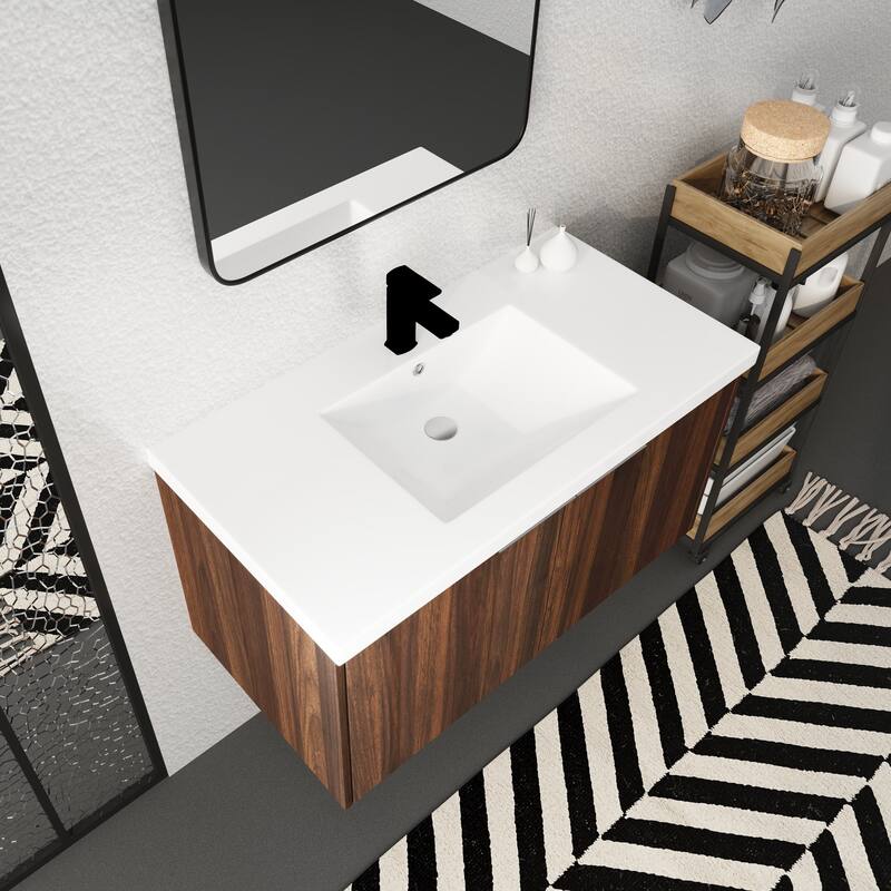 Floating Bathroom Vanity with Resin Sink, Soft Closing Doors, Metal Handles, and Ample Storage Space - 35.4in L Plywood