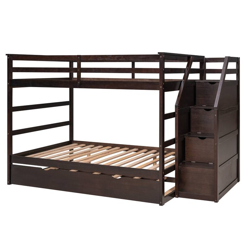 Bunk Bed with Trundle with Safety Guardrail and 3 Storage Stairs, Triple Bunk Multifunctional Space-Saving Solution for Bedroom
