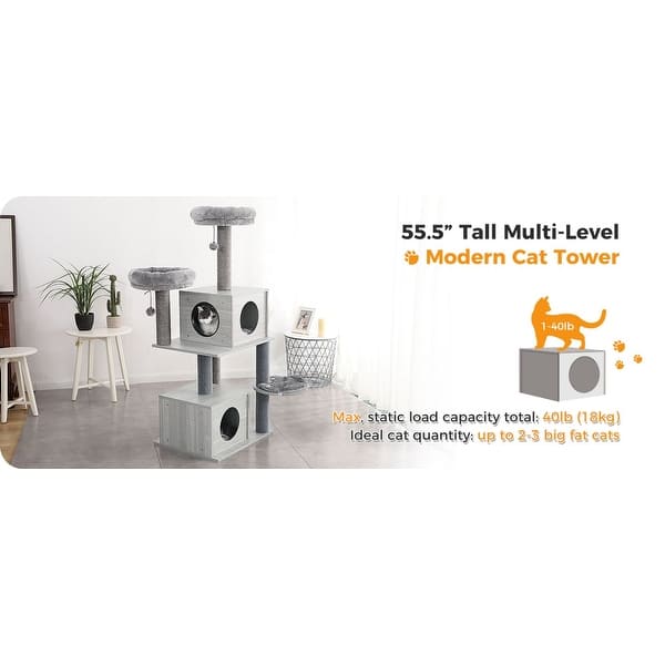 56-Inch Wooden Cat Tree with 2 Super Large Condos - Grey - Bed