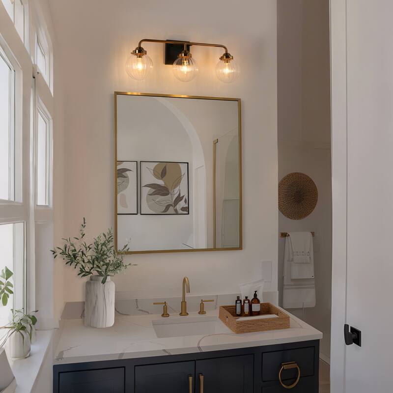 Modern Black Gold 3-Light Bathroom Vanity Light Wall Sconces with Ribbed Glass - L 21.5" x W 6.5" x H 8"