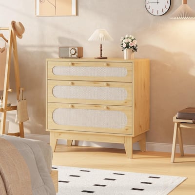 Rattan 3 Different Drawer Dresser, Wooden, Handles and Wooden Legs
