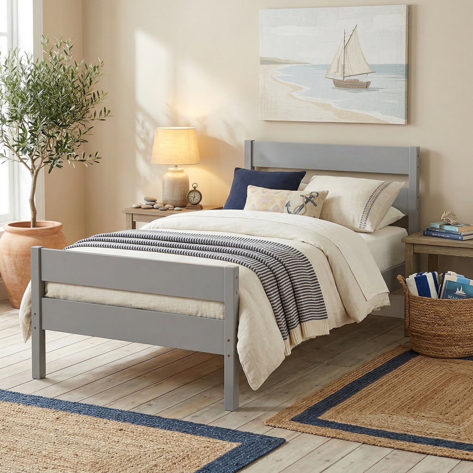 Javlergo Twin Size Bed with Headboard and Footboard Rubberwood Platform Bed Frame with Under-Bed Storage