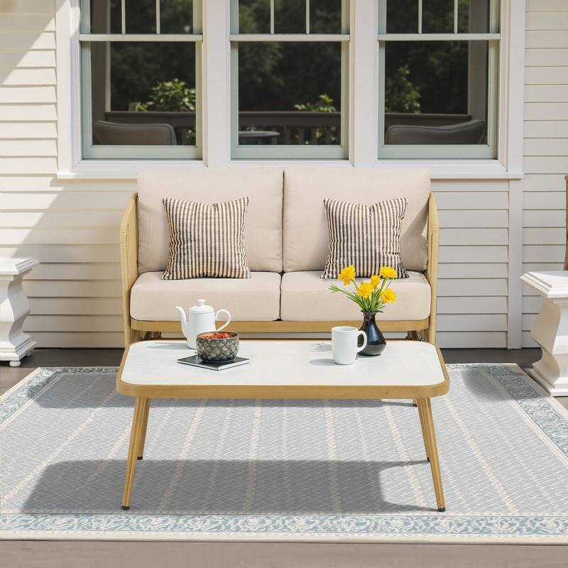 Pocassy Patio Sofa Glider Chair with Coffee Table - Yellow Wicker Beige Cushion - 2-Piece Patio Loveseat Sofa with Coffee Table