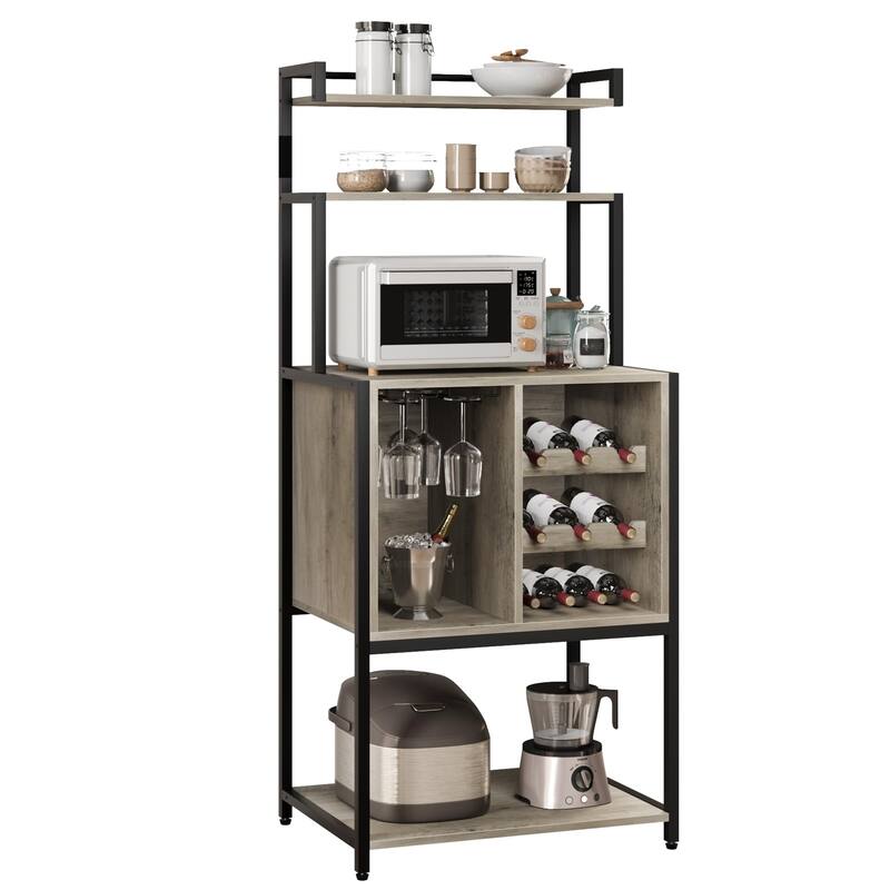 Bakers Rack for Kitchen, Kitchen Microwave Stand with Wine Rack and Glass Holder - Grey