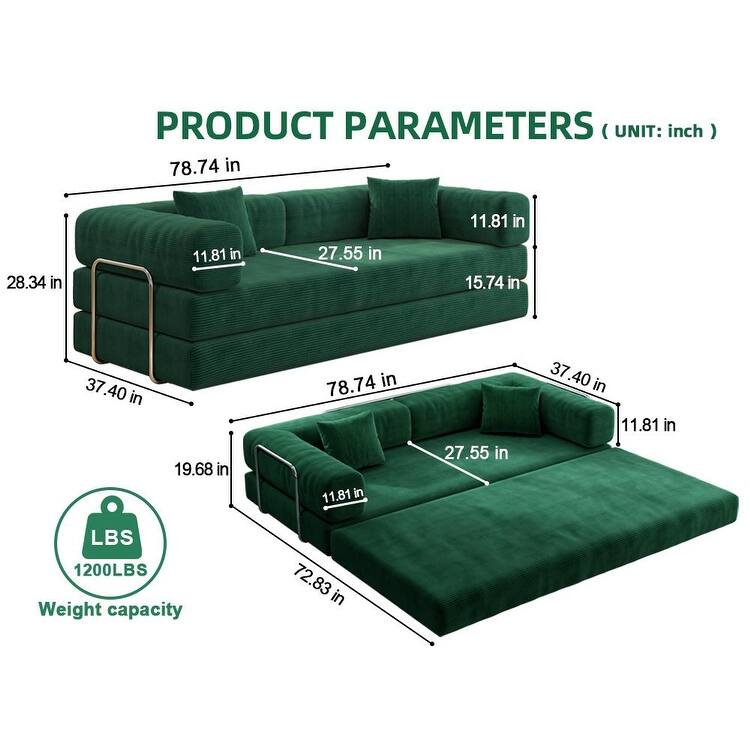 Modular Convertible Sleeper Sofa Bed, Corduroy Fabric Compression Sofa, Floor-Standing Sofa Bed with Armrests & Backrest