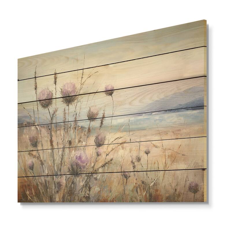 Designart "Purple Thistle Field Farmhouse Charm I" Thistle Wood Wall Art - Traditional Wood Panel On Natural Pine Wood