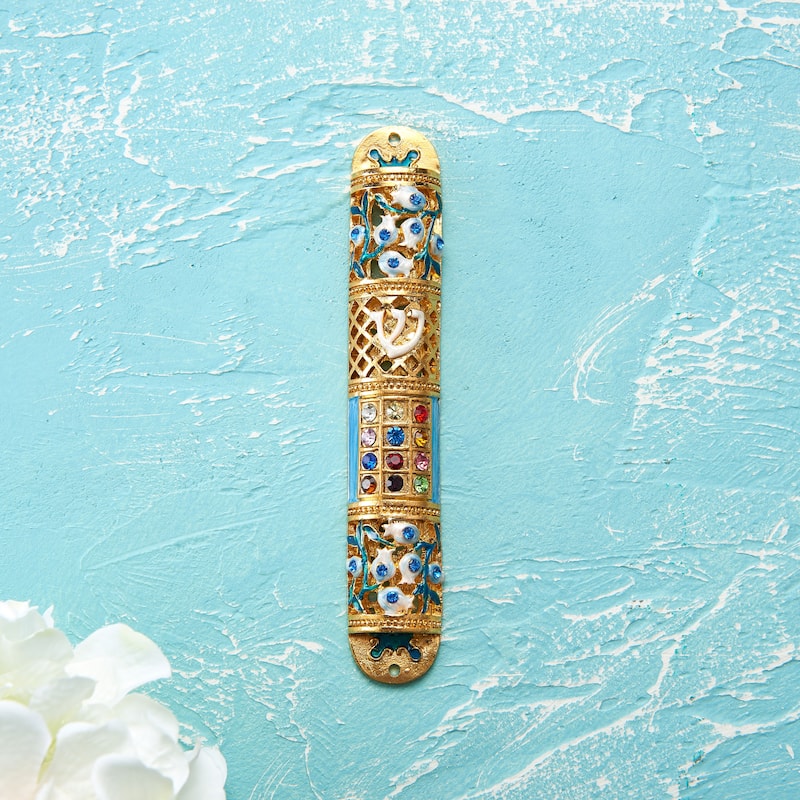 Matashi Hand Painted 6" Enamel Mezuzah Embellished with Multi Colored Crystals with Gold Accents and High Quality Crystals