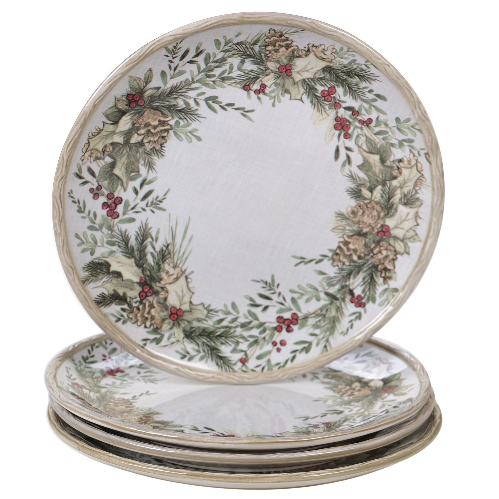 Shop 4pc White Holly And Pine Cones Christmas Dinner Plate Set 11 On Sale Overstock 32167441