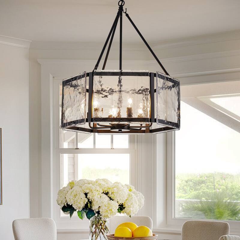 Black/Gold Glass Drum Chandeliers for Dining Room Living Room Entryway - W24.02" - Black