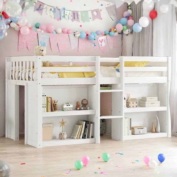 slide 2 of 19, Multi-function Twin Size Low Loft Bed with Shelves for Kids White