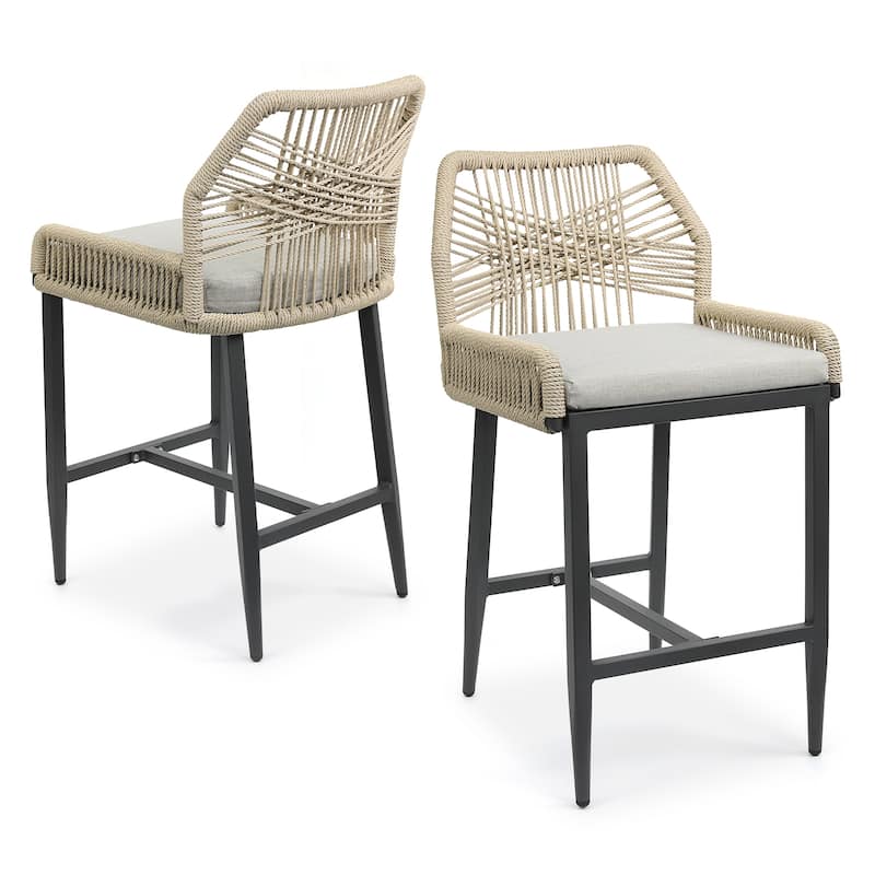 Outdoor Bar Stool with Rope Weave and Cushioned Seat