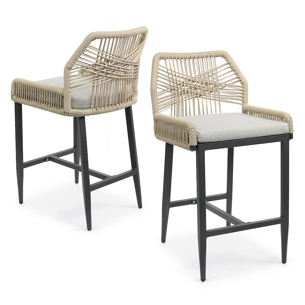 Outdoor Bar Stool with Rope Weave and Cushioned Seat
