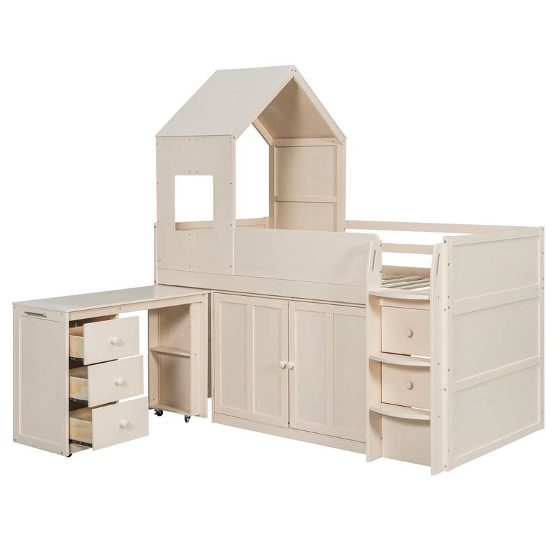 Twin Wood Loft Bed with Desk, Drawers & Cabinets, Space-Saving Design