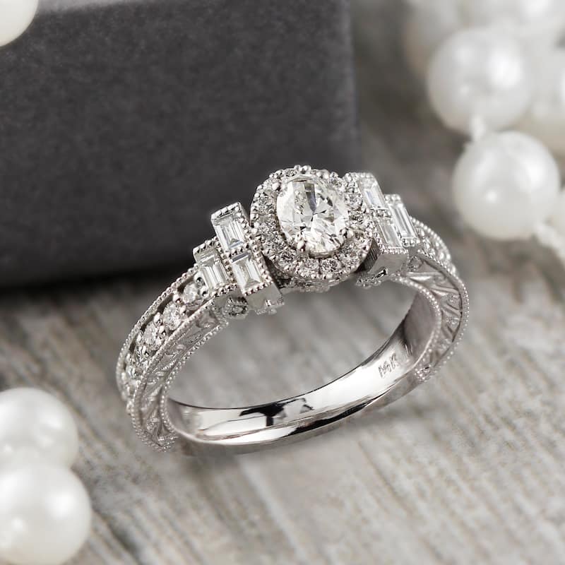 Auriya 14k Gold Vintage Art Deco Oval Halo Diamond Ring 1 1/4ctw