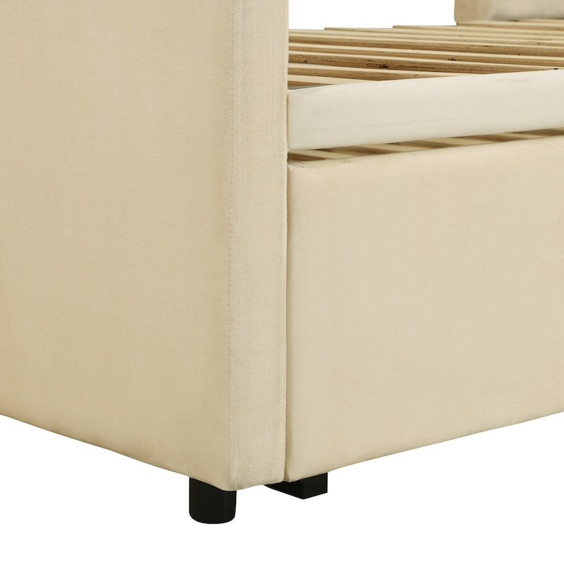 Beige Upholstered Twin Size Daybed with Pop Up Trundle, Multi-Functional Design
