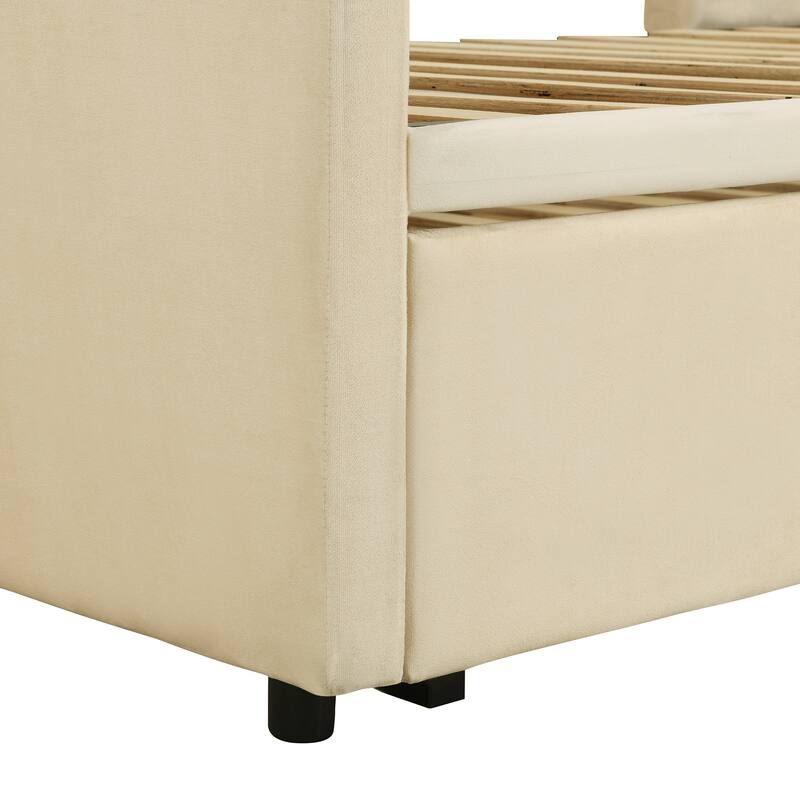 Beige Velvet Upholstered Twin Daybed, Pop Up Trundle, Expandable to King Size, Versatile