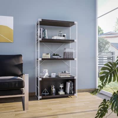 LeisureMod Brentwood 66" Tall Etagere Bookcase with White Stainless Steel Frame for Home Bedroom Living Room Office