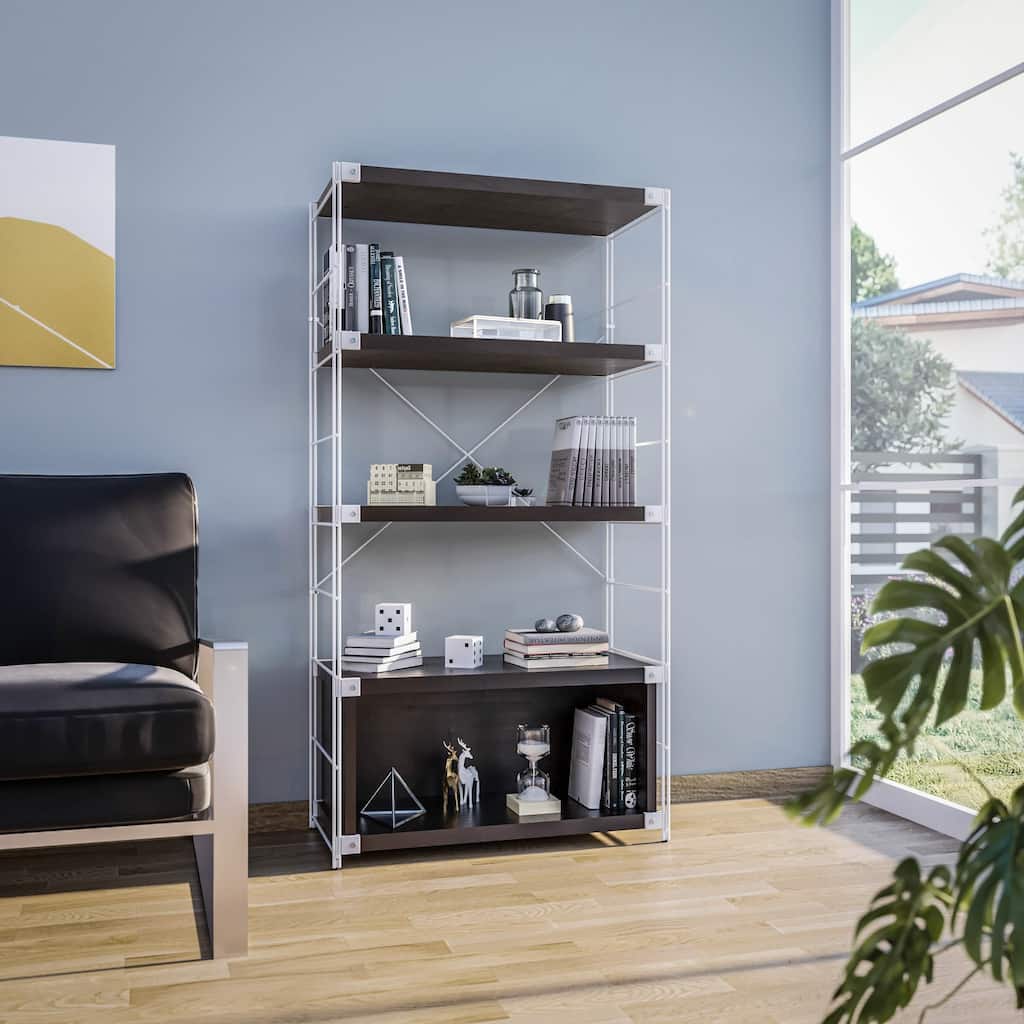 LeisureMod Brentwood 66" Tall Etagere Bookcase with White Stainless Steel Frame for Home Bedroom Living Room Office