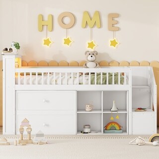 Twin Size Loft Bed with Staircase,Kids Loft Bed with LED for Home,White