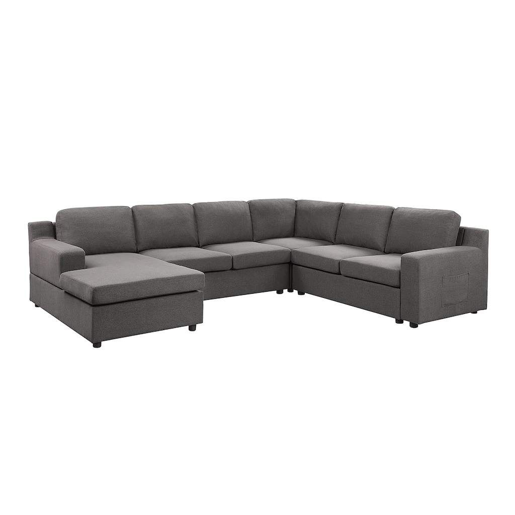 Linen 6-Seater U-Shape Sectional Sofa Chaise and Pocket in Gray