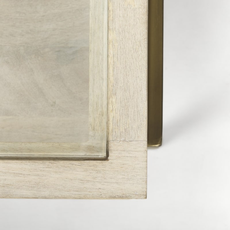 HomeRoots 44" Off White Clear And Gold Solid Wood Glass And Iron Storage Coffee Table - 43.5' X '15' X '43.5