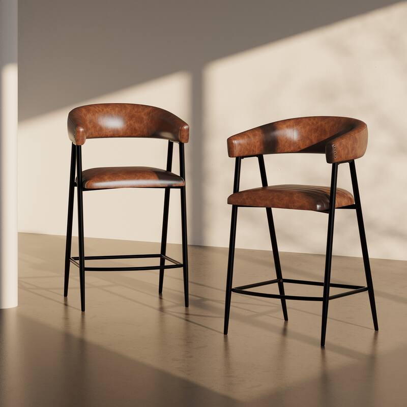 26" Modern Counter Stools Set of 2, PU Upholstered, Iron Frame, Armrests, Backrest for Kitchen & Home Bar