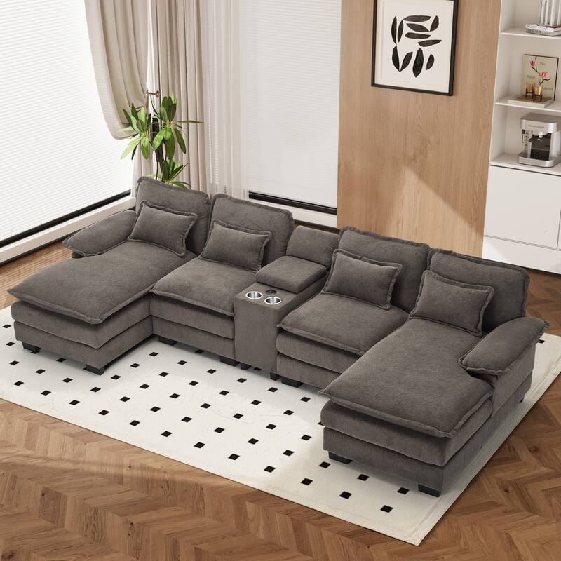 U-shaped Sectional Sofa Chenille Fabric Doudle Layer Cushion with USB Central Console