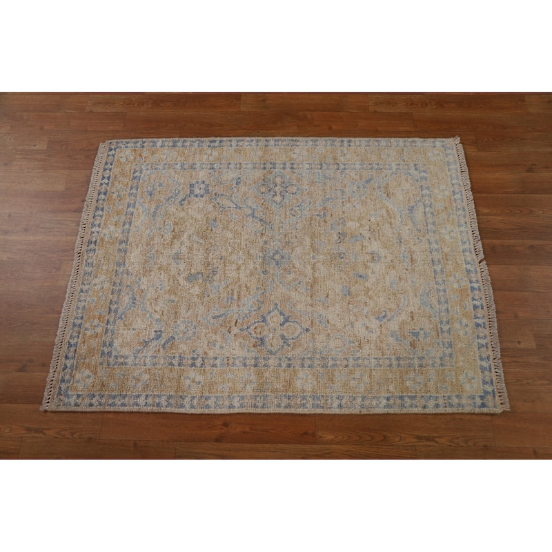 Hand Knotted Oriental 100% Wool Carpet Transitional Geometric Brown Oushak Area Rug - 3' 10'' X 2' 11''