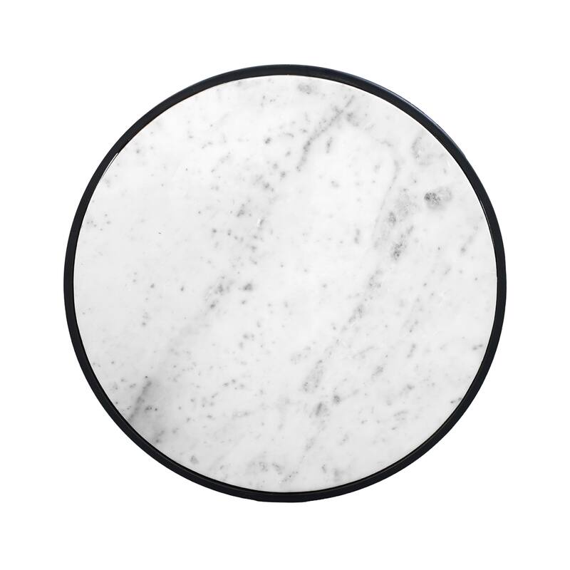 23 Inch Side End Table, Modern Round White Natural Marble Top, Classic Black Iron Frame