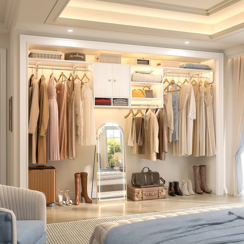 88.4'' - 117.8'' Closet System (Can Be Cut To Fit), Reversible Laundry Wall Cabinet with 3 Hanging Rods & Adjustable Shelves