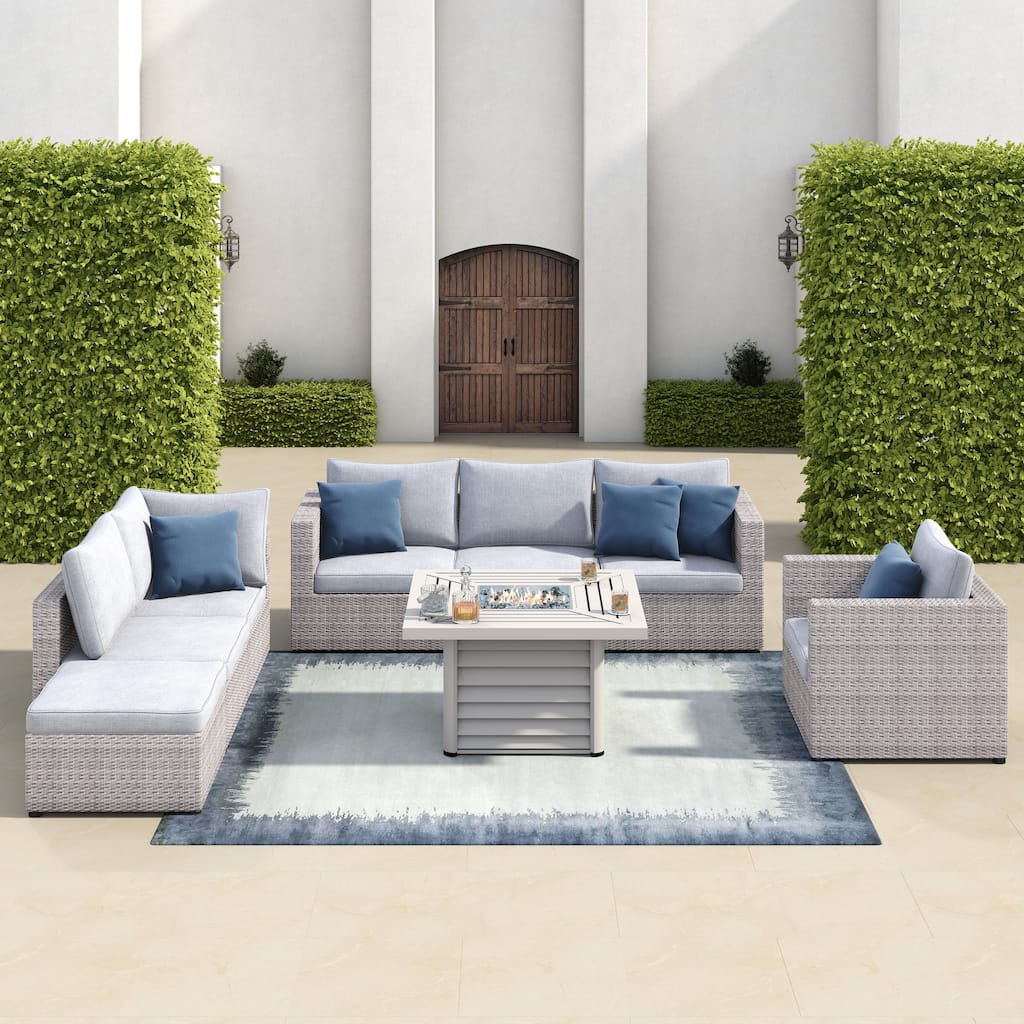 Corvus Sevilla 8-piece Grey Wicker Sofa Fire Pit Set with Blue Pillows